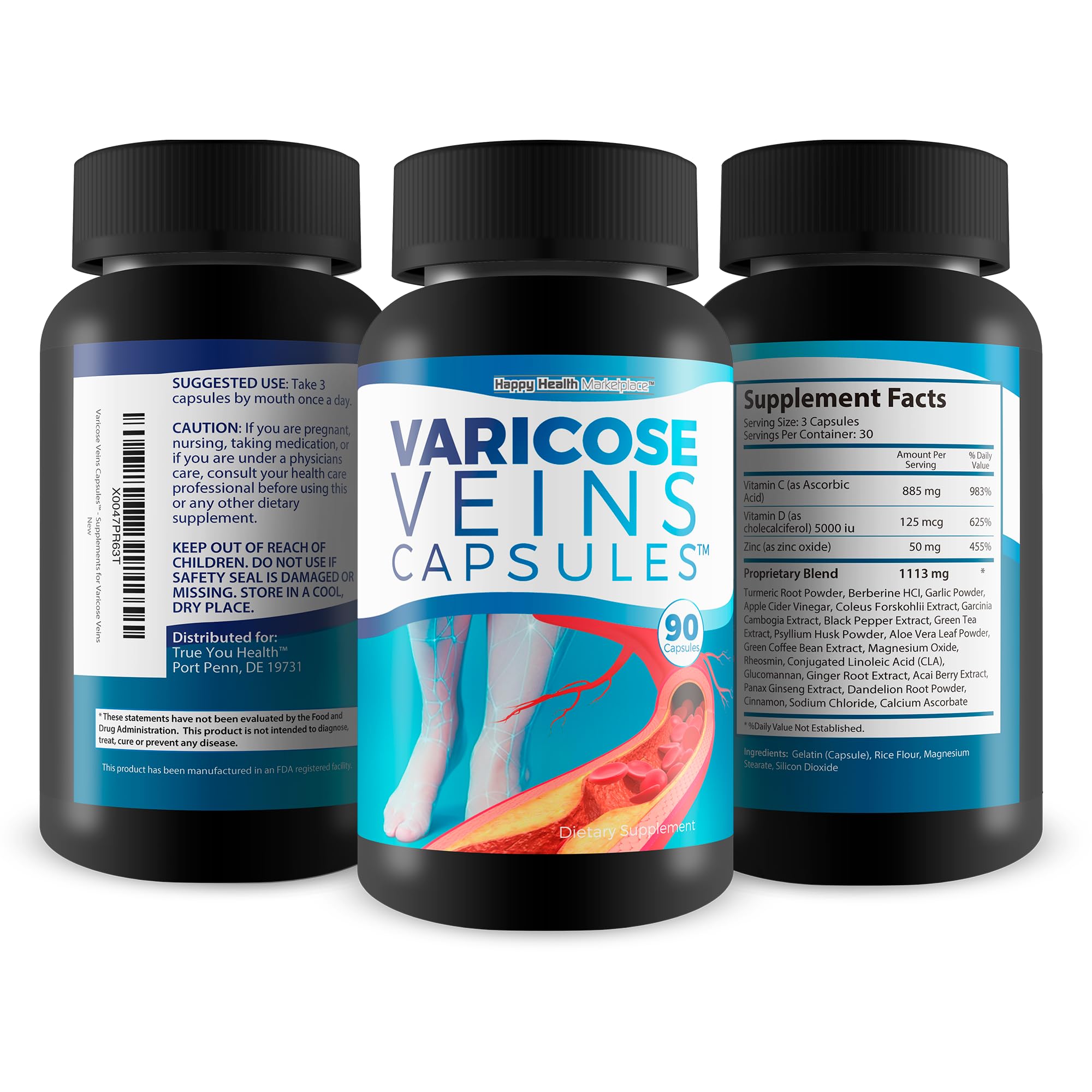 Held in hand, Happy Health Marketplace Varicose Veins Capsules for convenient daily support.