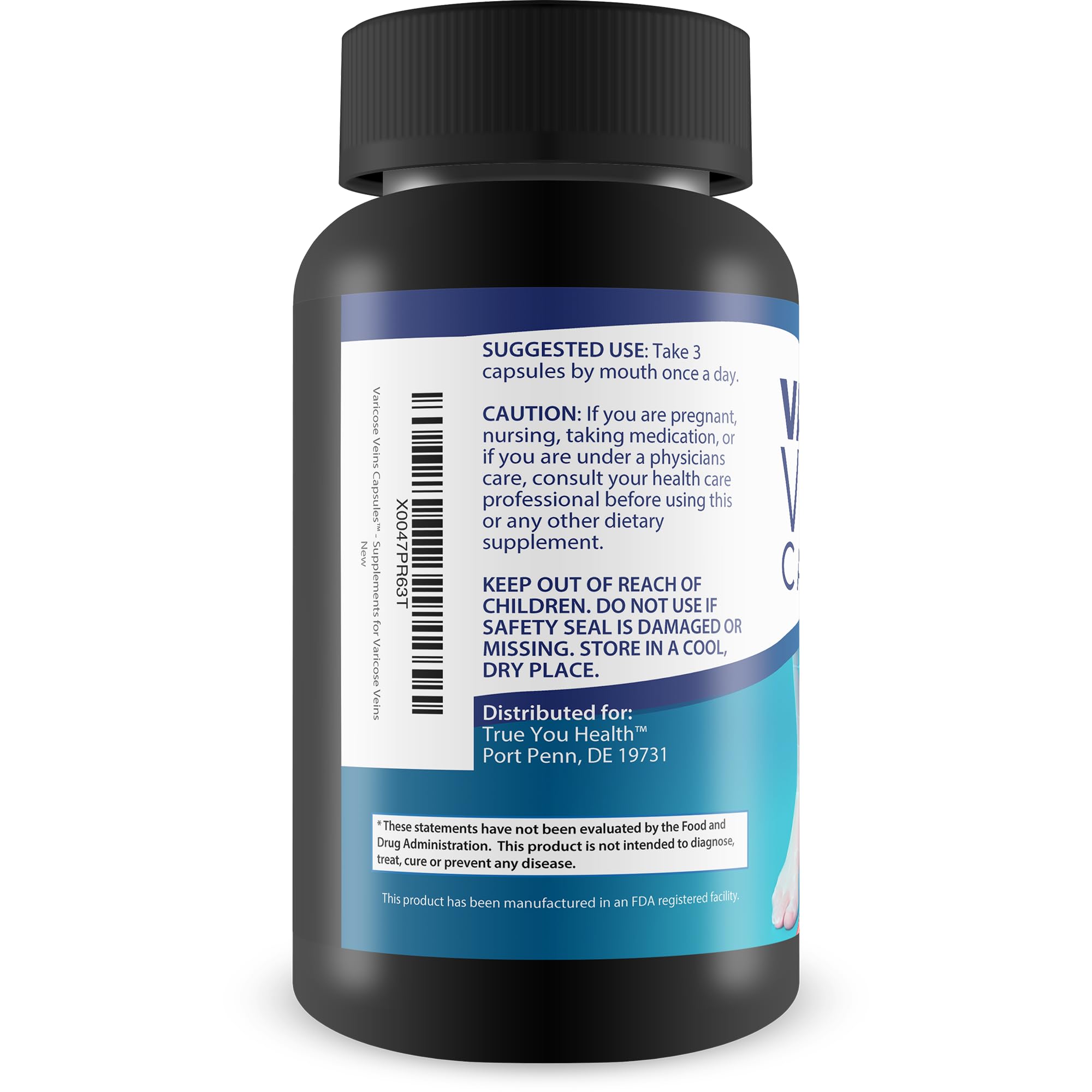 Label close-up on Happy Health Marketplace Varicose Veins Capsules emphasizing USA-made quality.