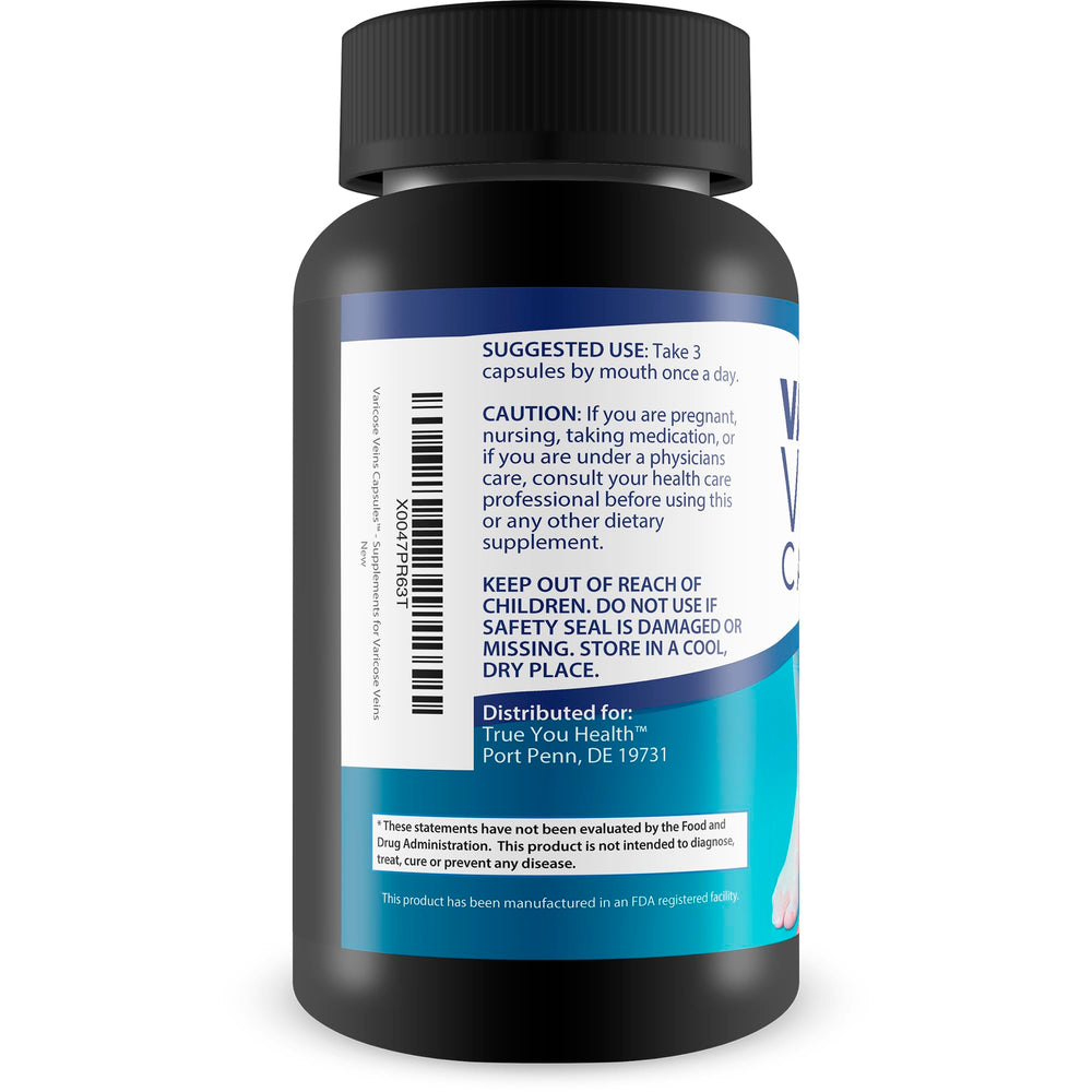 Label close-up on Happy Health Marketplace Varicose Veins Capsules emphasizing USA-made quality.