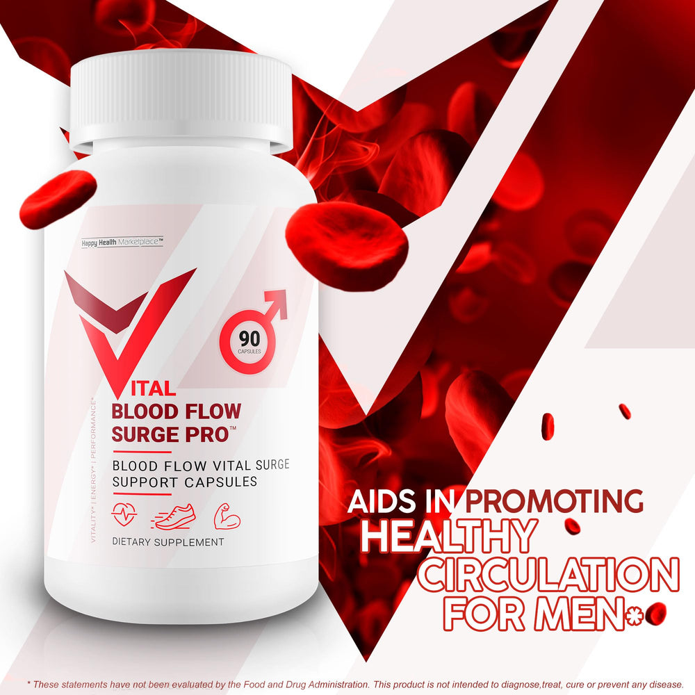Vital Blood Flow Surge Pro bottle showing L-Arginine and ginkgo biloba