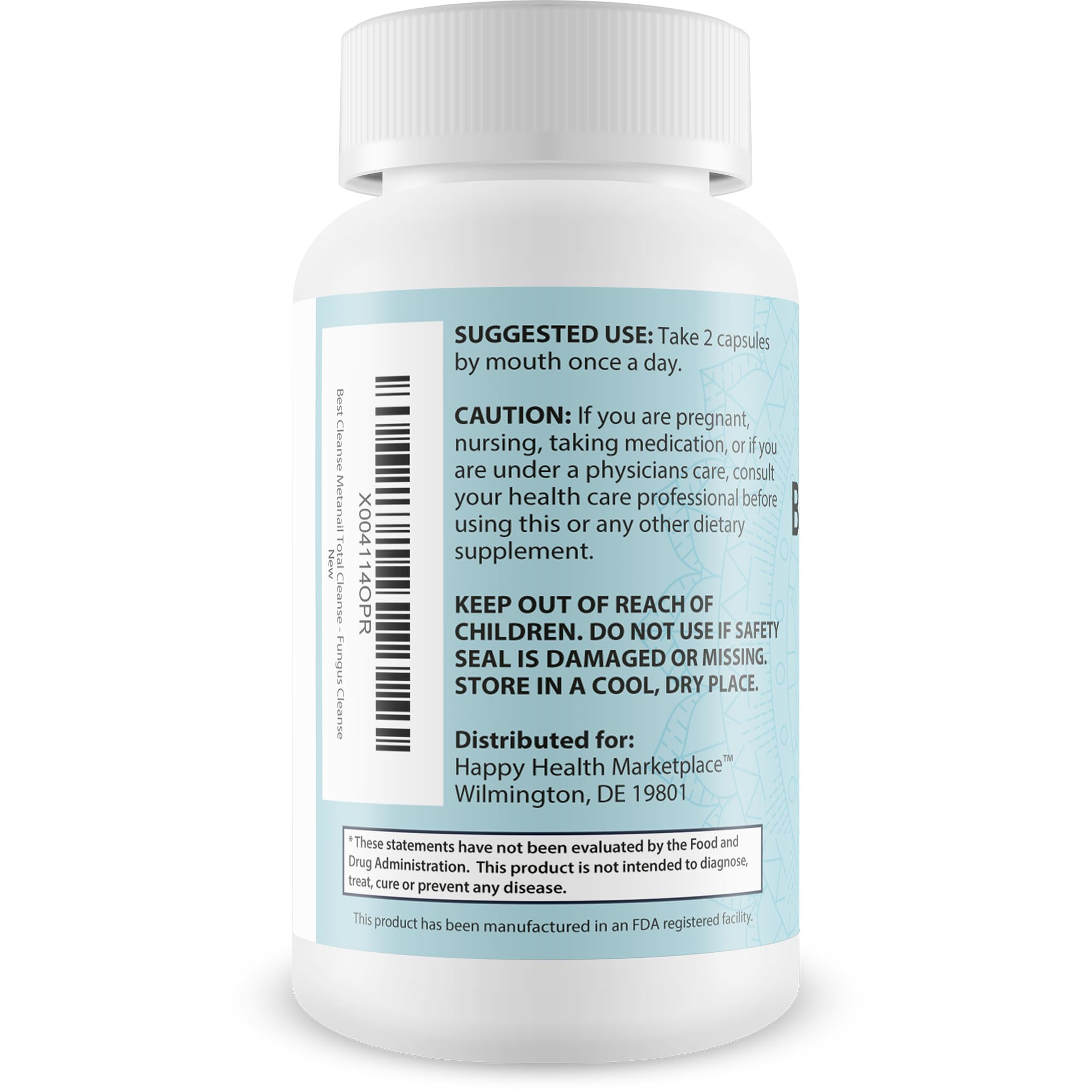 Happy Health Metanail Total Cleanse label packaging emphasizes clean USA-made production.