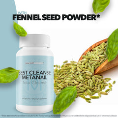Happy Health Metanail Total Cleanse natural ingredients visual suggests gut and immune-friendly formula.