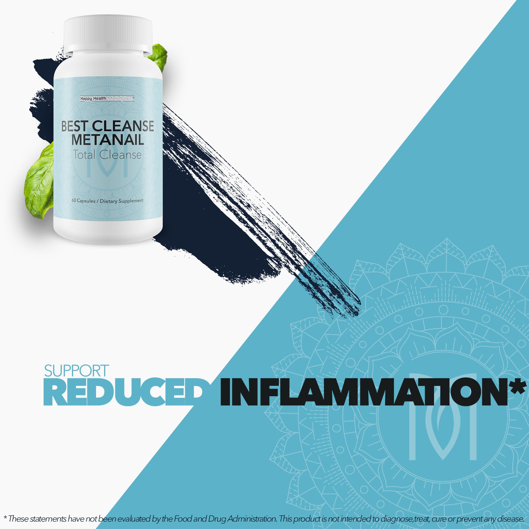 Happy Health Metanail Total Cleanse probiotic blend illustration communicates internal support.