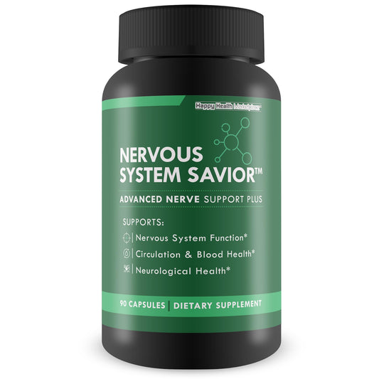Happy Health Nervous System Savior bottle label for daily nerve wellness support