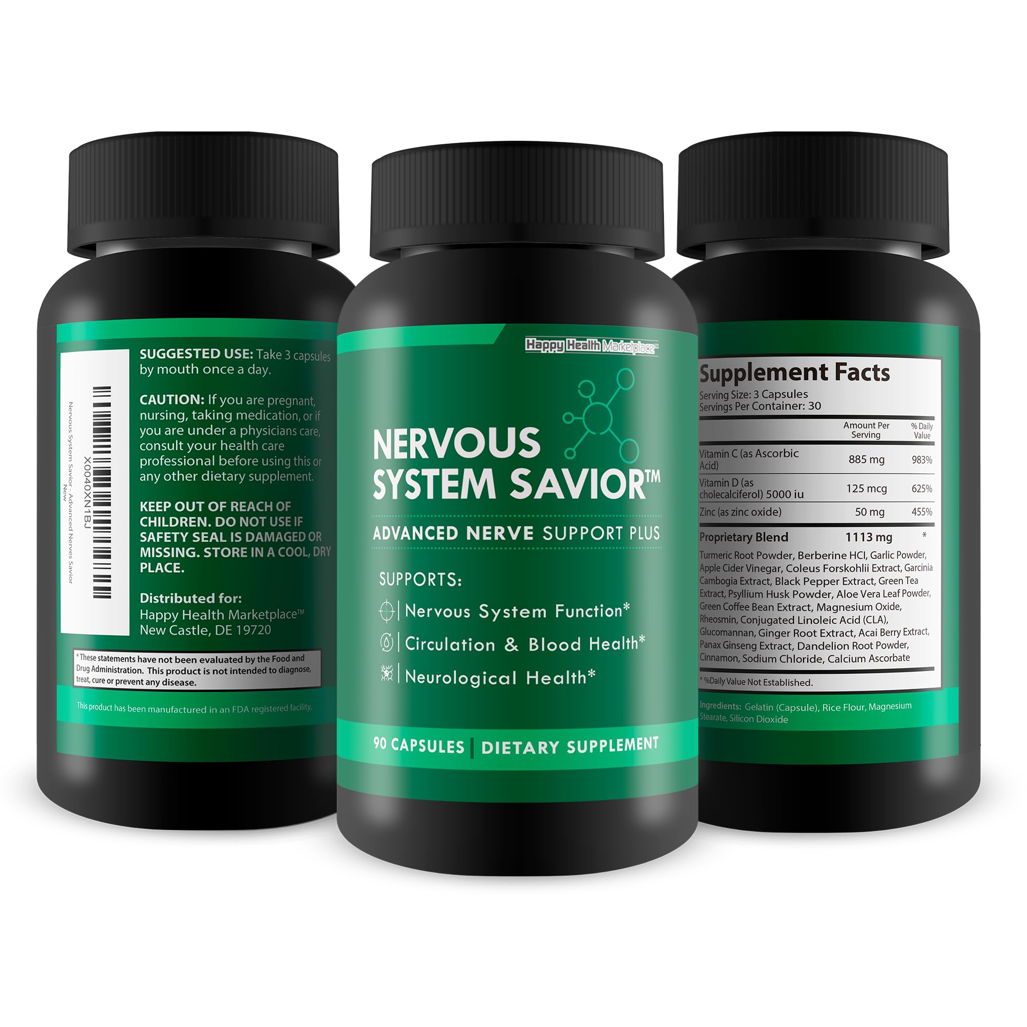 Happy Health Nervous System Savior bottle pour showing easy on-the-go dosing