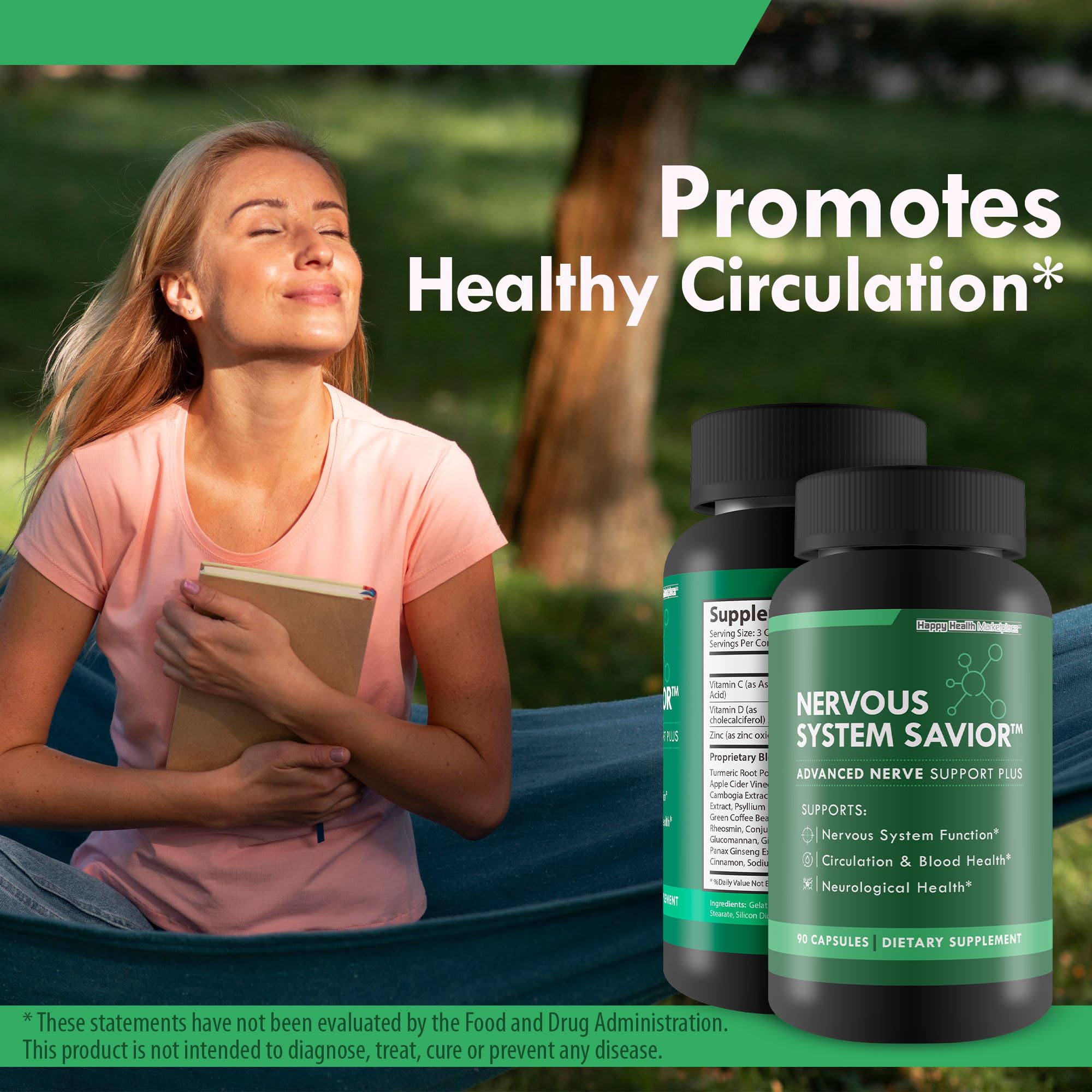 Happy Health Nervous System Savior ingredients panel with vitamins minerals and botanicals