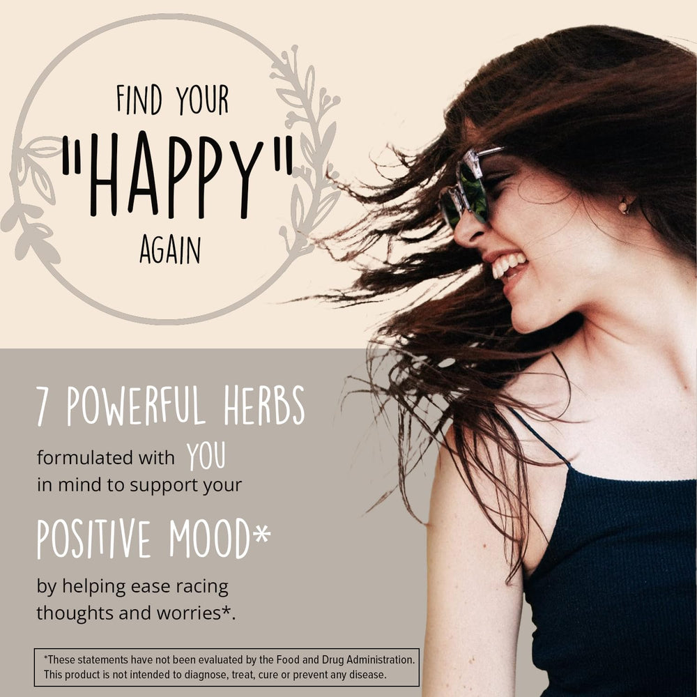 Happy Healthy Hippie bottle front shows vibrant packaging for plant-based mood support