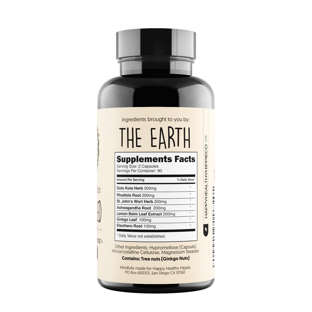 Happy Healthy Hippie Ginkgo Biloba leaves capsules capture cognitive support and mood balance potential.