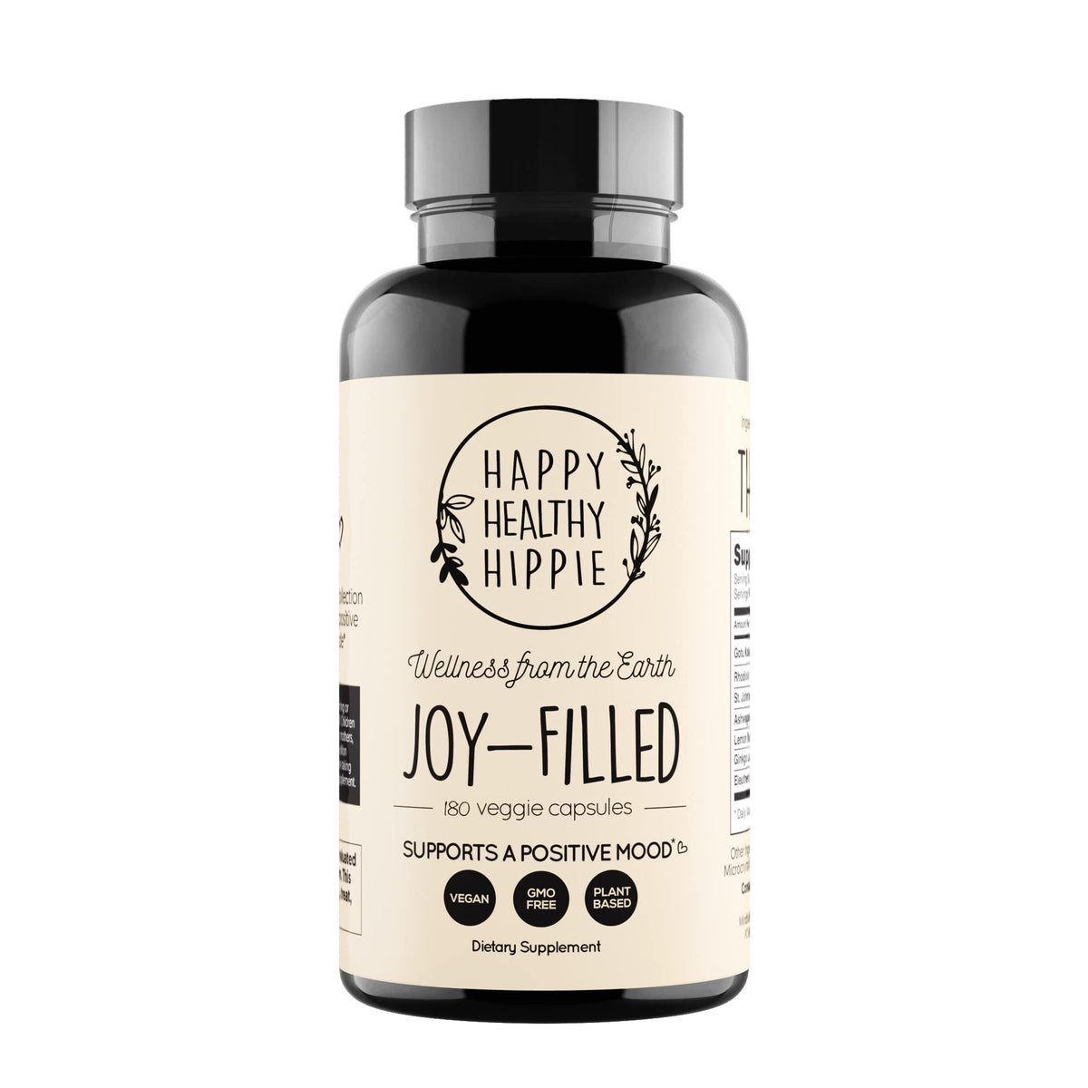 Happy Healthy Hippie Joy-Filled mood supplement bottle promotes calm and balanced mood.