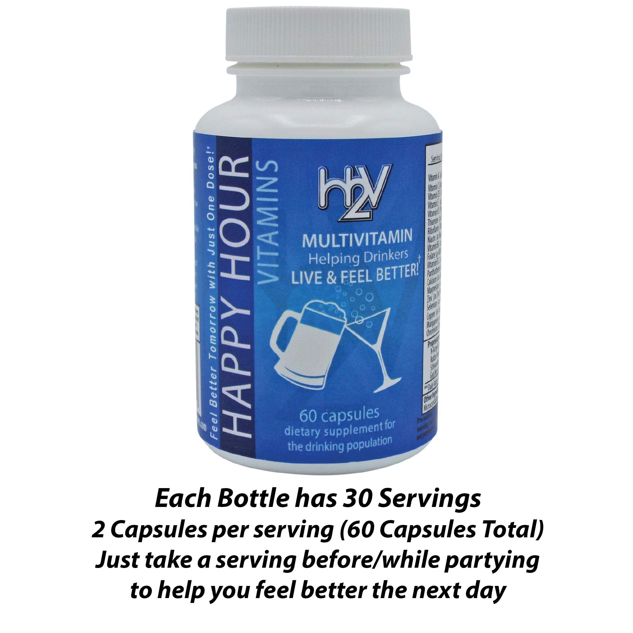 Happy Hour Vitamins bottle side view showing compact, portable bottle