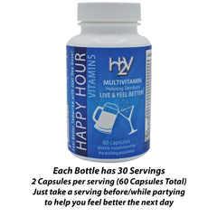 Happy Hour Vitamins bottle side view showing compact, portable bottle
