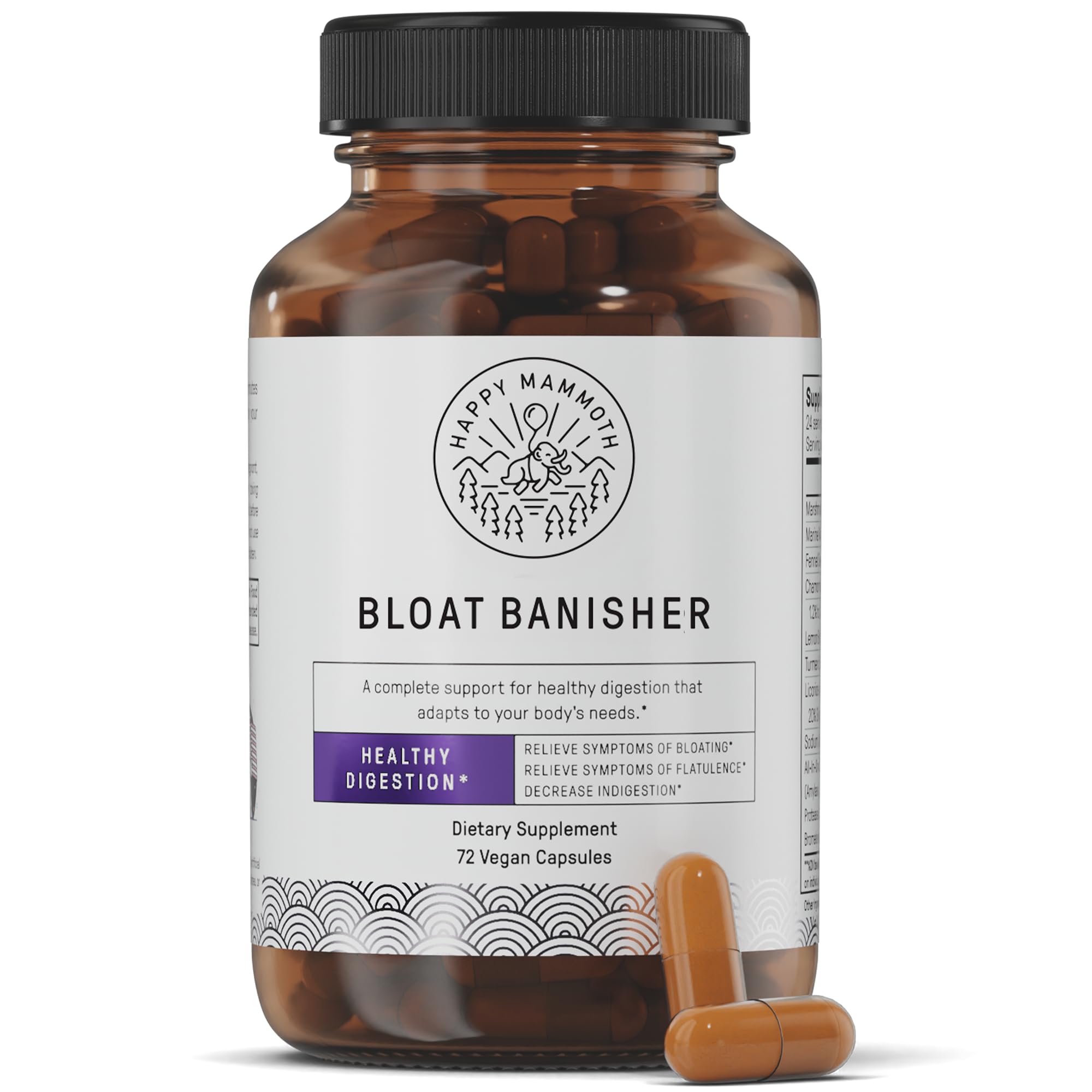 Happy Mammoth Bloat Banisher bottle closeup showing natural digestion support
