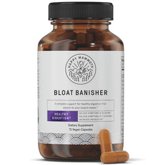 Happy Mammoth Bloat Banisher bottle closeup showing natural digestion support