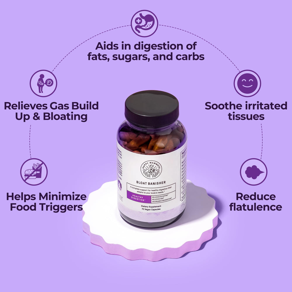 Happy Mammoth Bloat Banisher capsules front view for easy daily digestion
