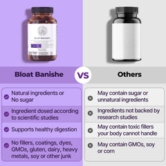 Happy Mammoth Bloat Banisher capsules on a kitchen counter ready for meals