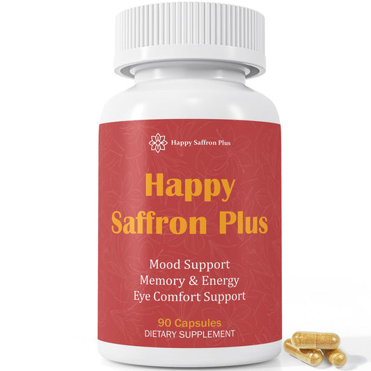 Happy Saffron Plus bottle front, vegan gluten-free mood support.