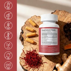 Happy Saffron Plus bottle open reveals capsules for easy daily calm and focus.