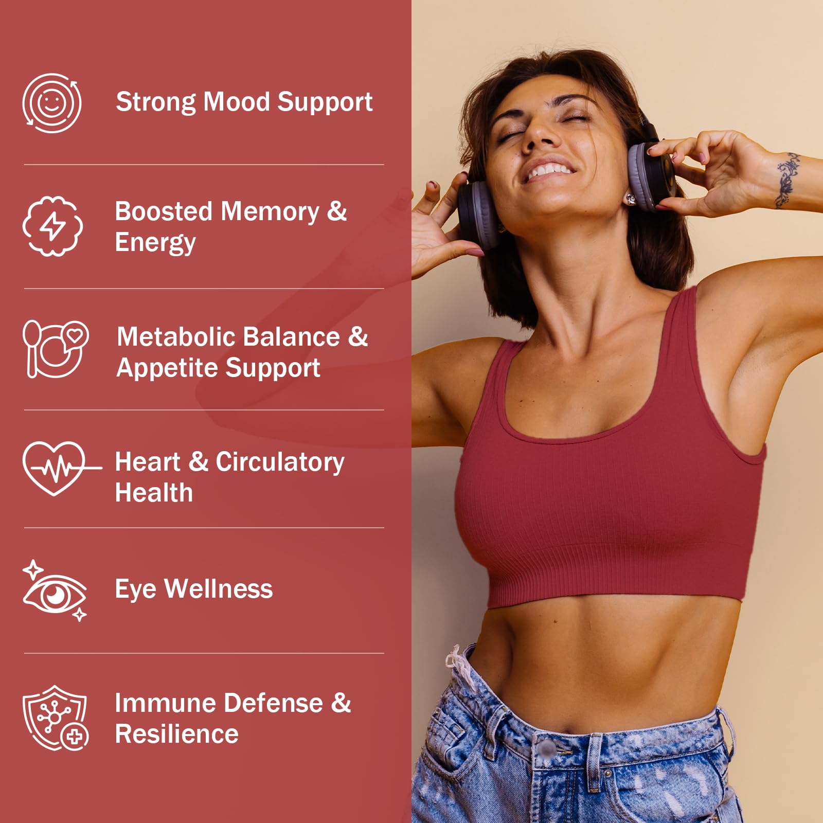 Happy Saffron Plus capsules ready for daily mood support and clarity.