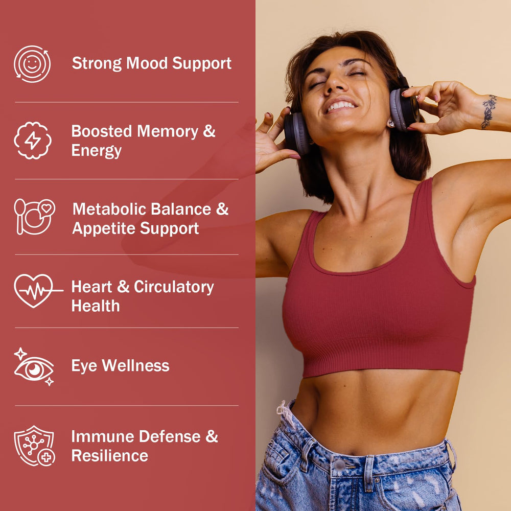 Happy Saffron Plus capsules ready for daily mood support and clarity.