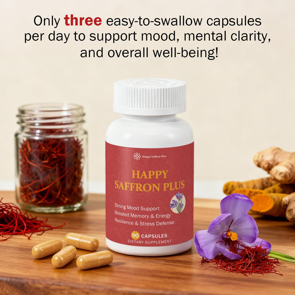 Happy Saffron Plus curcumin emphasis suggests antioxidant support for daily balance.