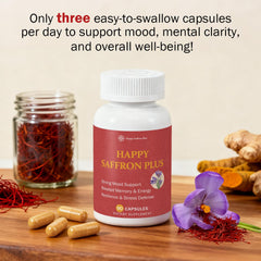 Happy Saffron Plus curcumin emphasis suggests antioxidant support for daily balance.
