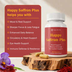 Close-up of Happy Saffron Plus label with saffron, curcumin and zinc.