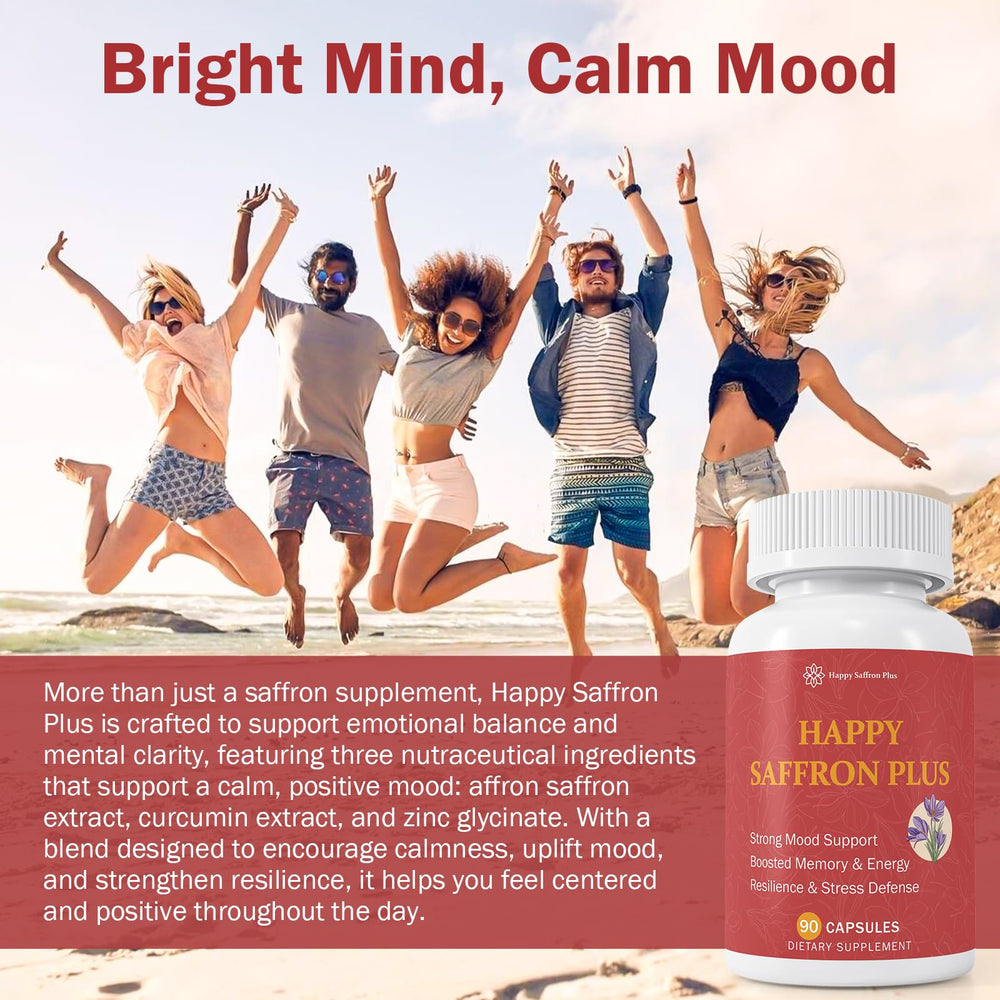 Happy Saffron Plus zinc ingredient label signals clean, vegan daily nutrition.