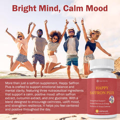 Happy Saffron Plus zinc ingredient label signals clean, vegan daily nutrition.