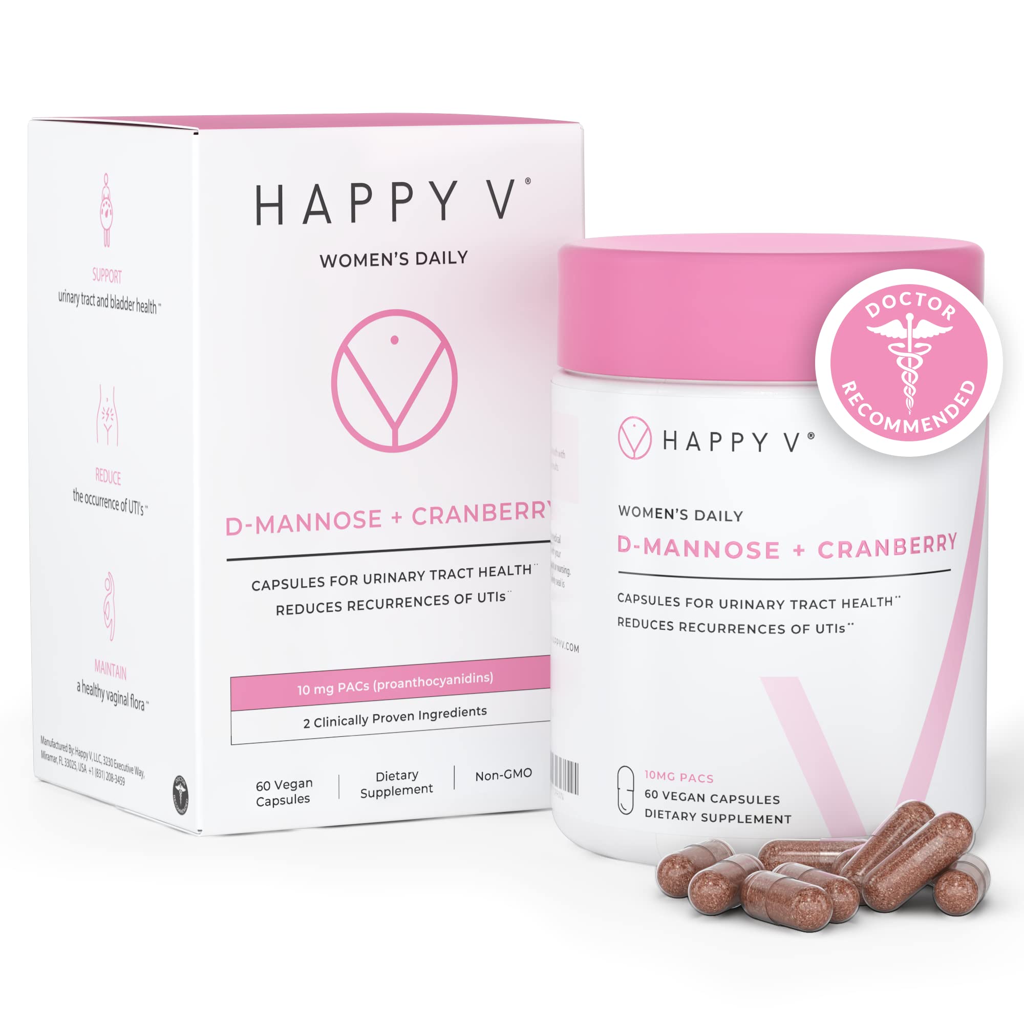 Happy V D-Mannose with Cranberry capsules in a bottle for daily urinary health.