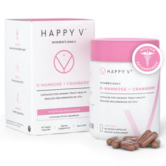 Happy V D-Mannose with Cranberry capsules in a bottle for daily urinary health.