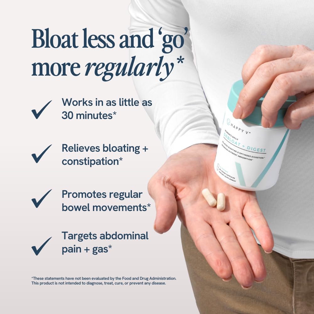 Happy V Debloat + Digest bottle front view highlighting vegan gluten-free formula for women.