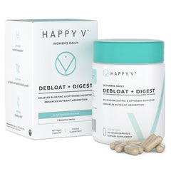 Happy V Debloat + Digest capsules close-up for daily gut support and gentle digestion.