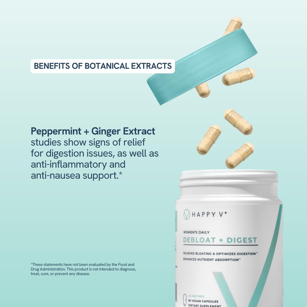 Happy V Debloat + Digest tablets on surface suggesting post-meal comfort and digestion support.
