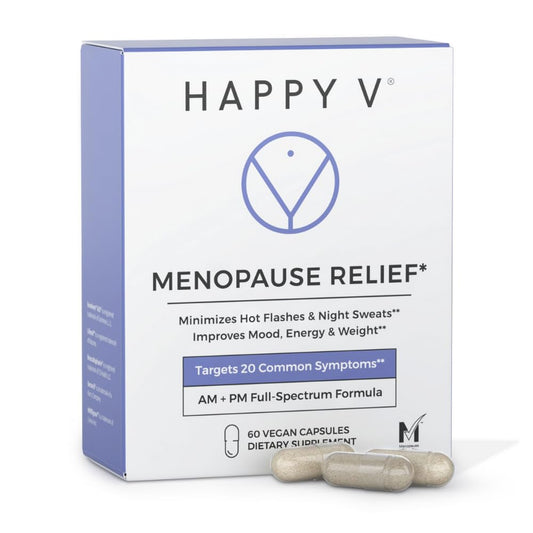 Happy V Menopause Relief bottle on desk signals daily mood and temperature balance.