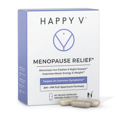 Happy V Menopause Relief bottle on desk signals daily mood and temperature balance.