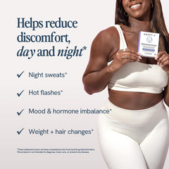 Close-up of Happy V capsules highlights vegan formula for menopausal comfort and energy.