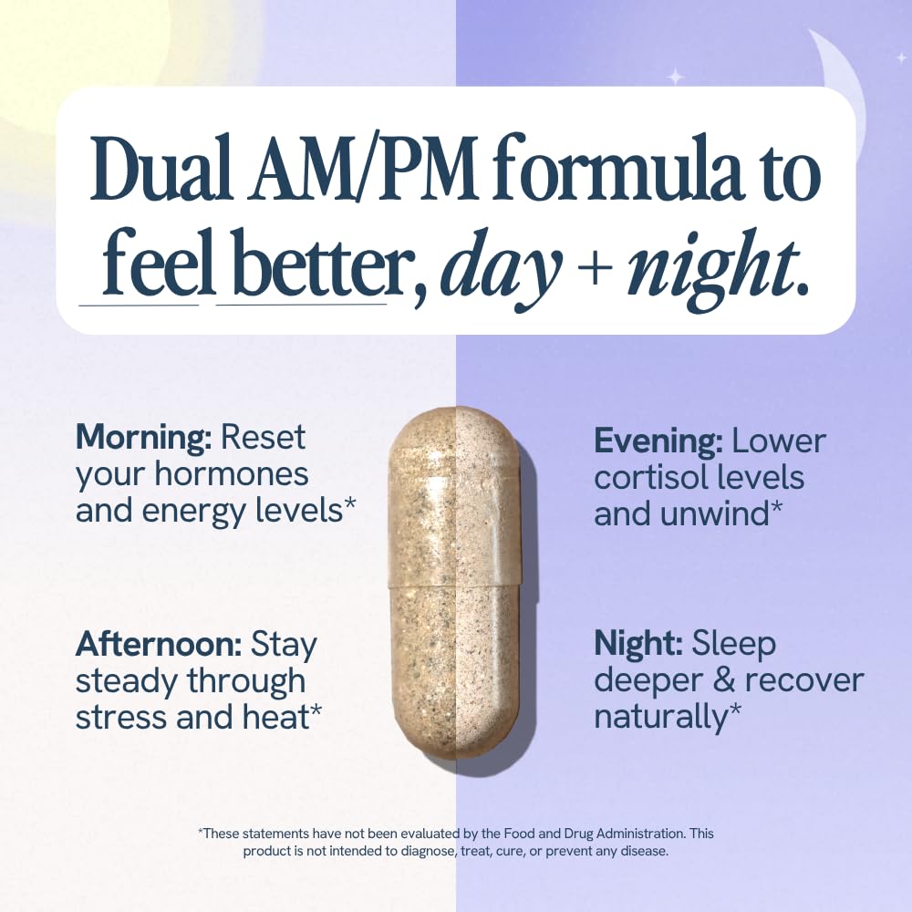 Mood and energy imagery with a clock hints at daytime vitality and evening rest.