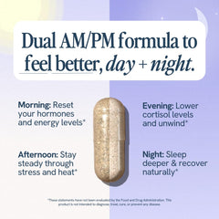 Mood and energy imagery with a clock hints at daytime vitality and evening rest.