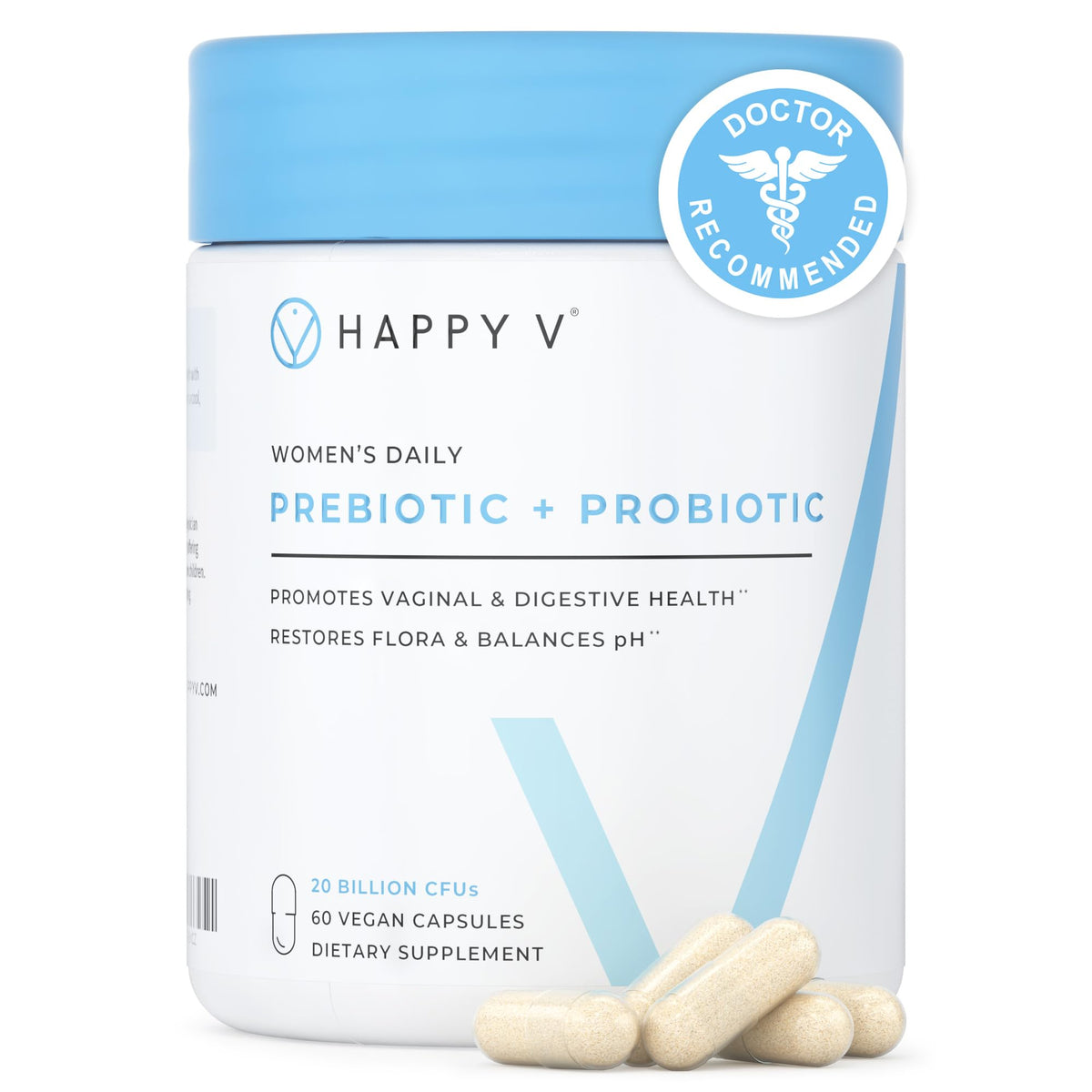 Happy V vaginal probiotics bottle for daily feminine wellness on a clean counter.