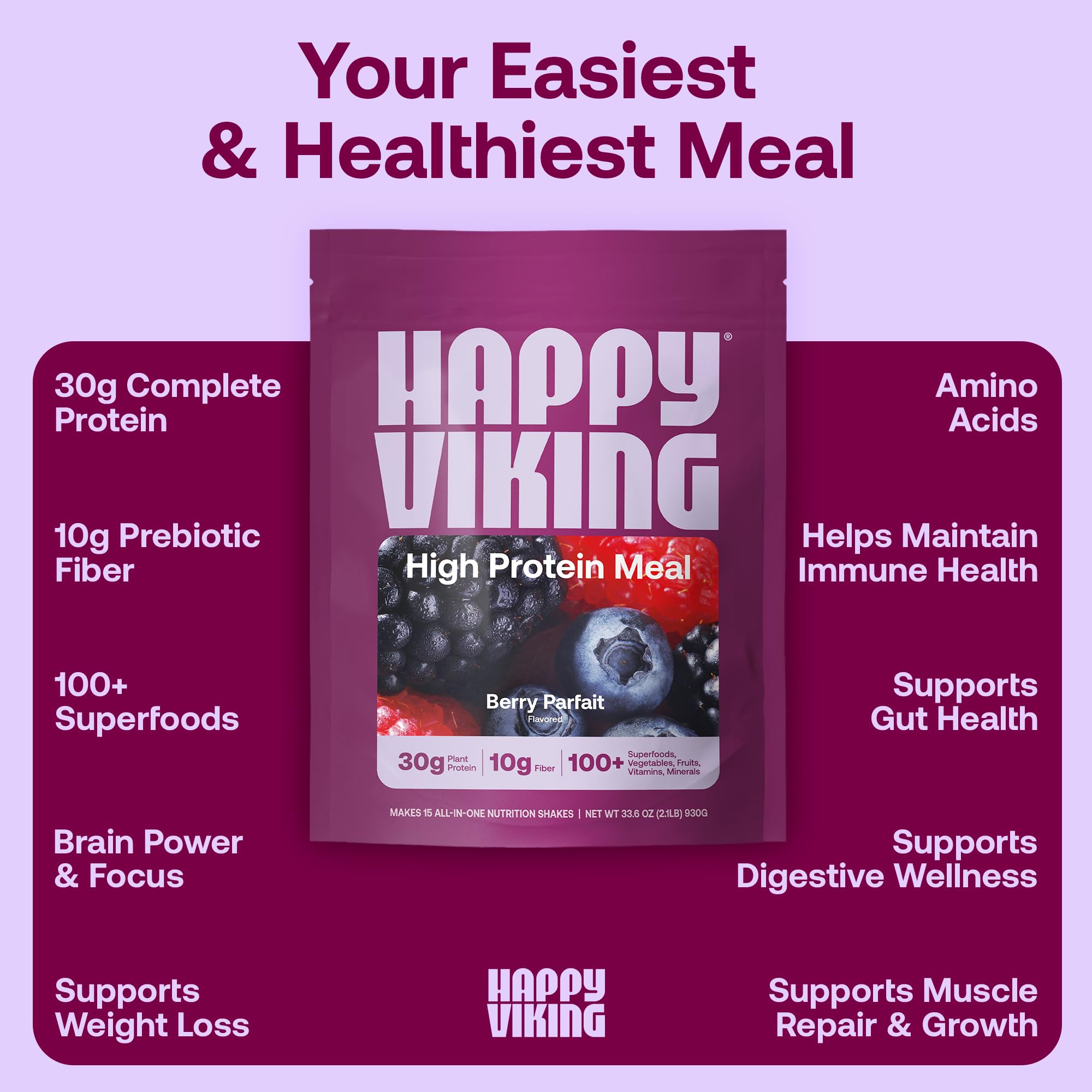 Happy Viking Berry Parfait close-up on 100+ superfoods blend for daily nutrition.