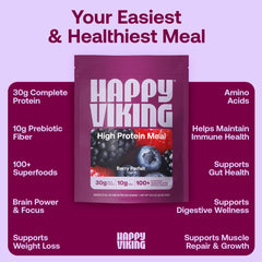 Happy Viking Berry Parfait close-up on 100+ superfoods blend for daily nutrition.