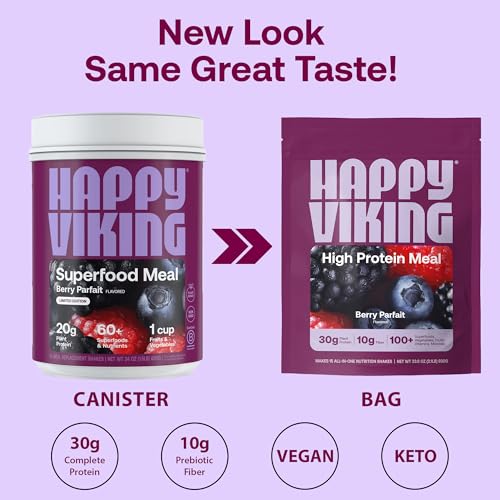 Happy Viking Berry Parfait powder scoop prepared for a shake, easy meal option.