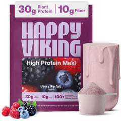 Happy Viking Berry Parfait protein powder tub with label promoting lean muscle support.