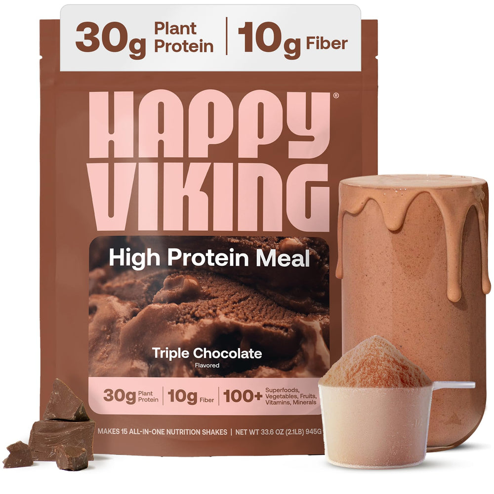 Happy Viking chocolate protein scoop showing plant-based protein boost for workouts