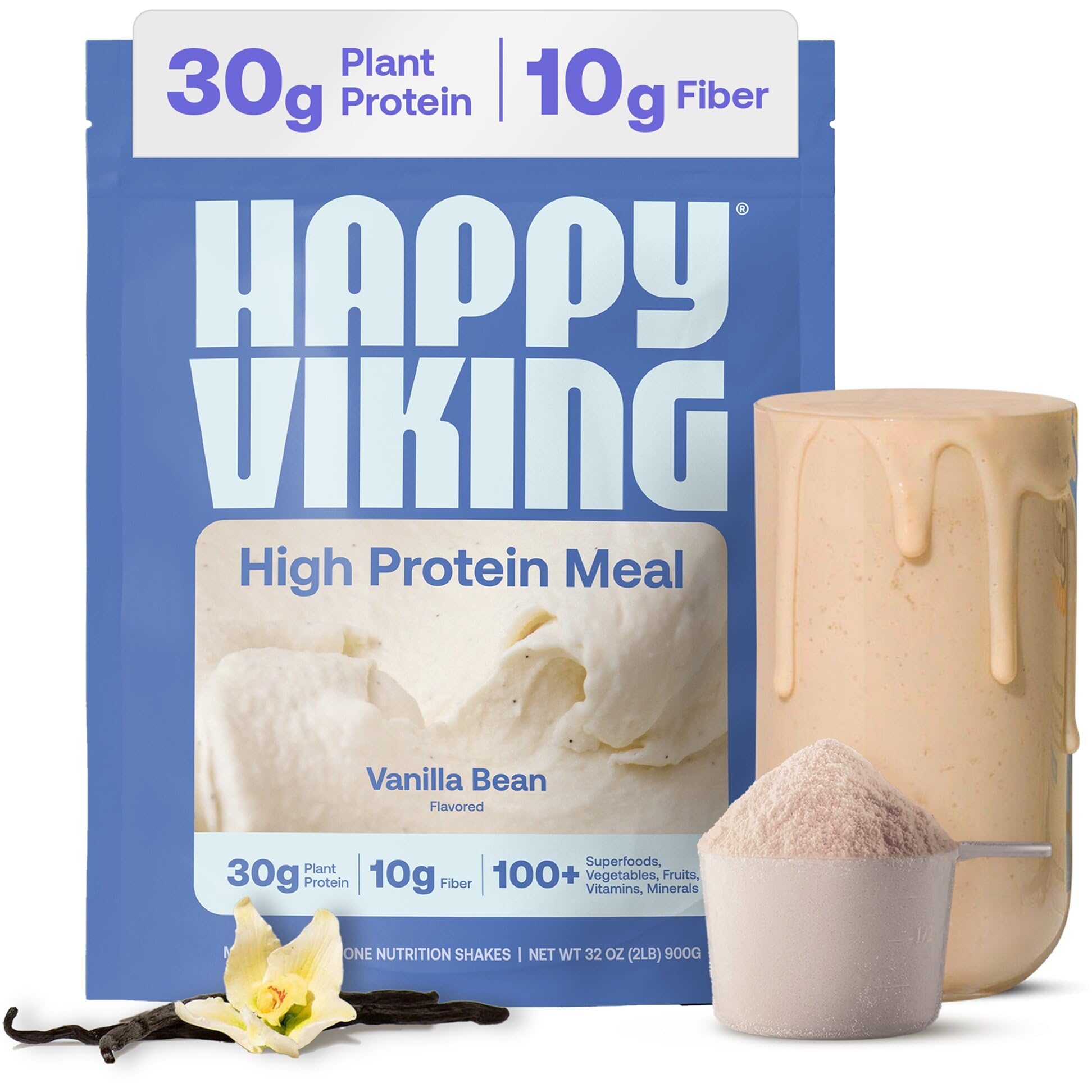 Happy Viking plant-based protein powder vanilla tub showing 30g protein per serving for muscle support