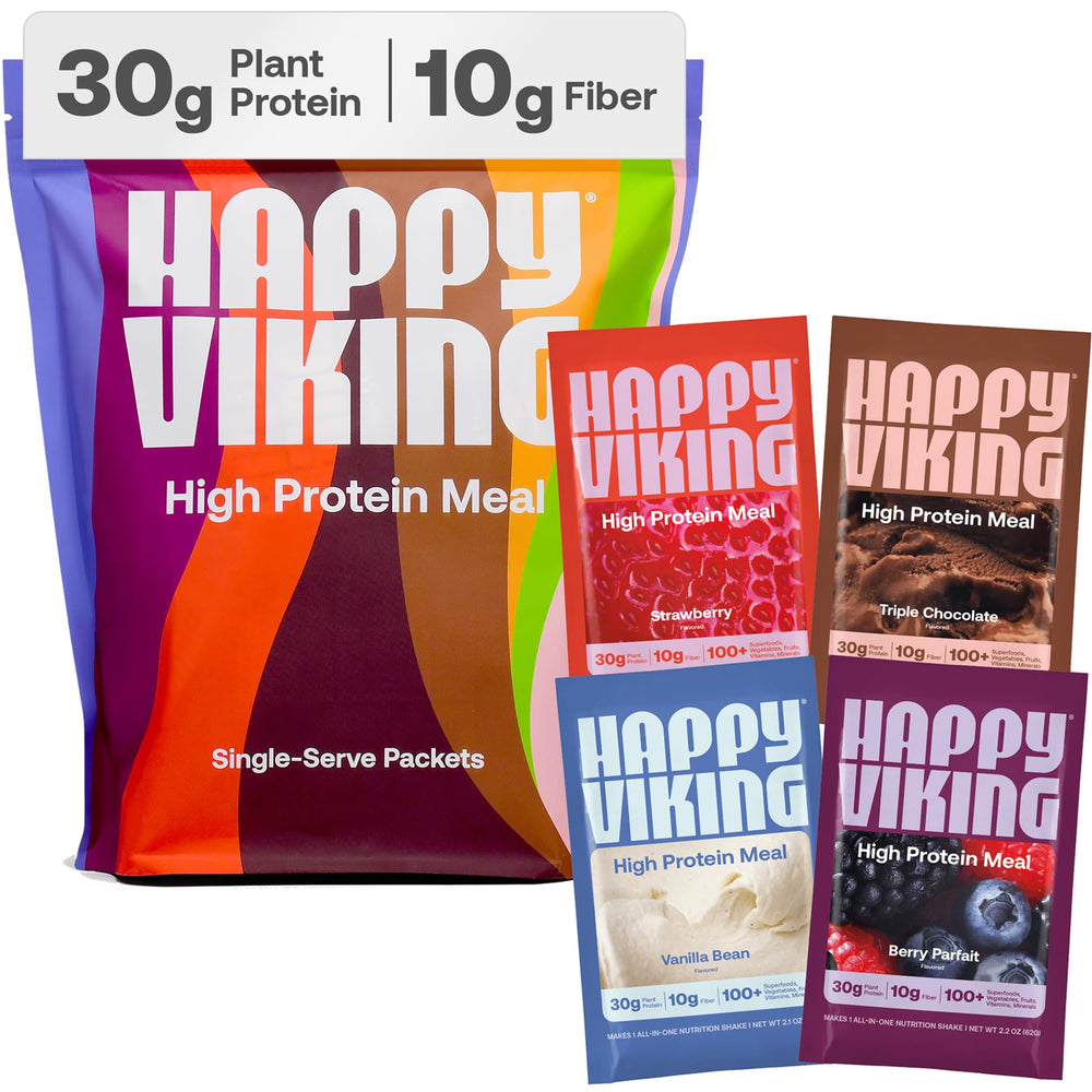 Happy Viking plant-based protein powder scoop highlighting 30 g protein per serving.