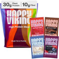 Happy Viking plant-based protein powder scoop highlighting 30 g protein per serving.