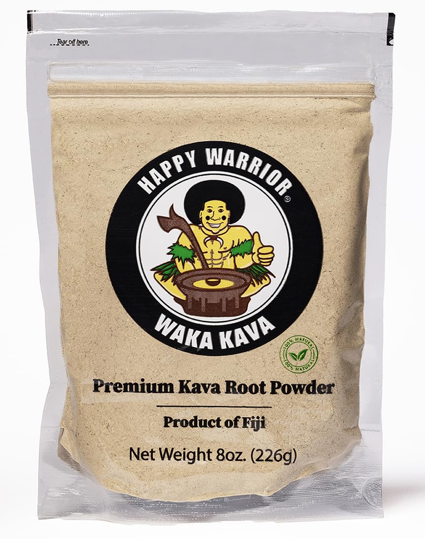 Happy Warrior Kava powder in a clear bag shows a golden color for calm evenings