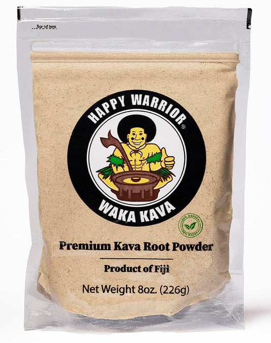 Happy Warrior Kava powder in a clear bag shows a golden color for calm evenings