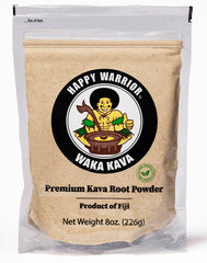Happy Warrior Kava powder in a clear bag shows a golden color for calm evenings